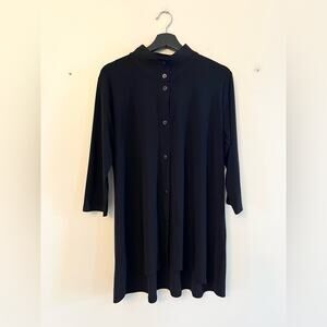 Sympli Canada black button front mock neck tunic blouse swing top jersey knit 14